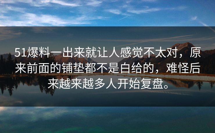 51爆料一出来就让人感觉不太对，原来前面的铺垫都不是白给的，难怪后来越来越多人开始复盘。