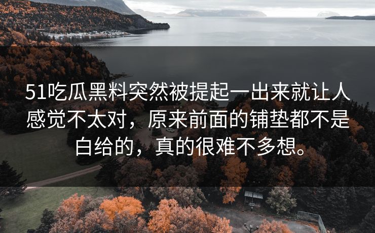 51吃瓜黑料突然被提起一出来就让人感觉不太对，原来前面的铺垫都不是白给的，真的很难不多想。